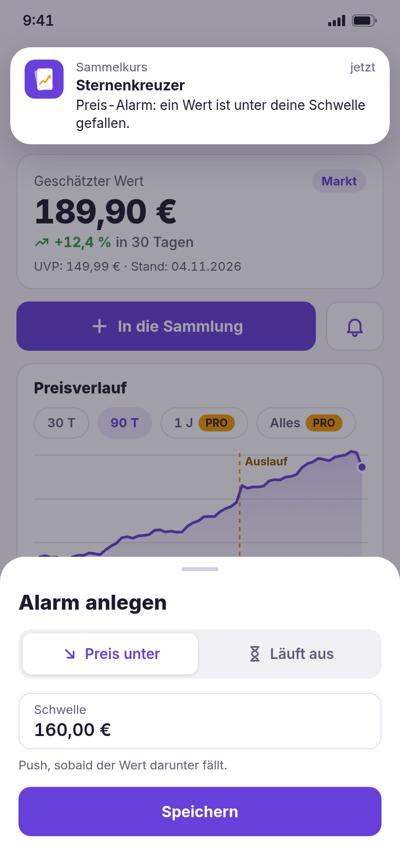 Alarm anlegen: Preis unter einer Schwelle, darüber eine Push-Benachrichtigung